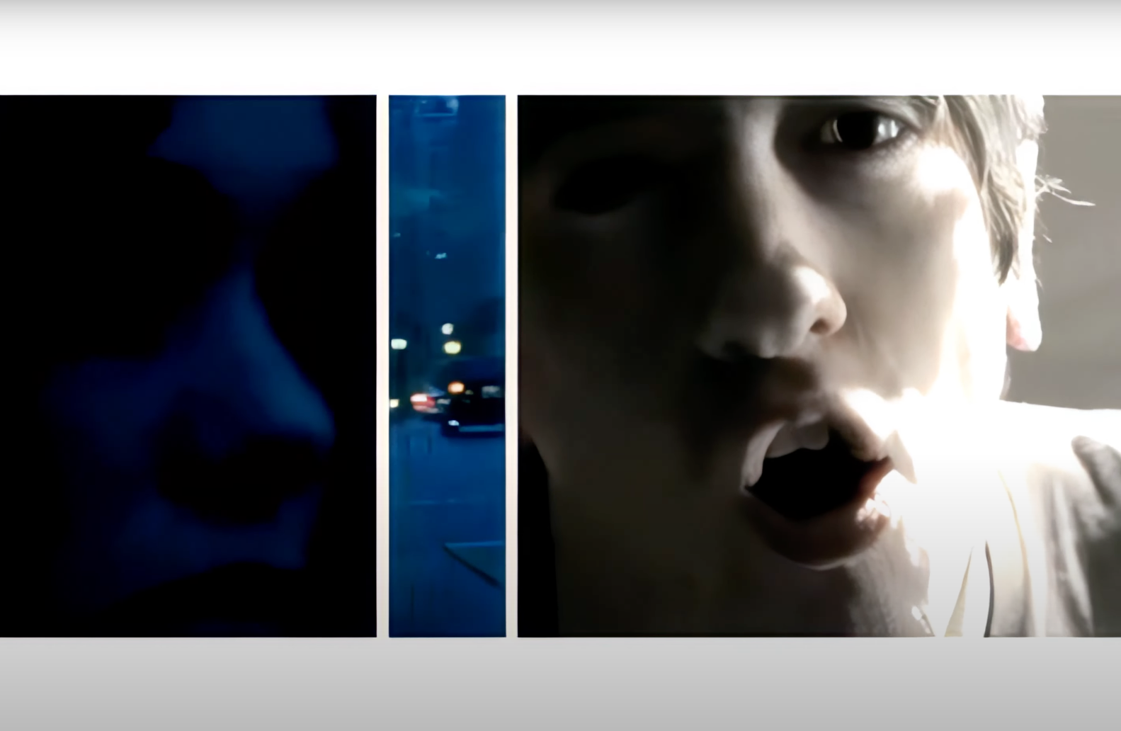 The image shows three side-by-side frames. The left and middle frames appear dark. The right frame shows a close-up of a person's face, partially shadowed