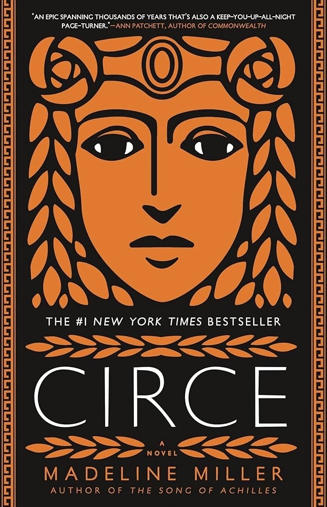 Book cover of "Circe" by Madeline Miller. Features an illustration of a face in Greek style art. Text highlights it as a New York Times bestseller