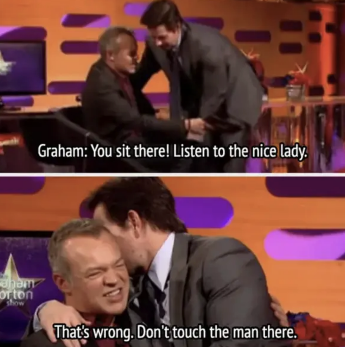 Top image: Graham Norton tells Mark Wahlberg  to sit and listen. Bottom image: Mark sits in Graham&#x27;s lap and hugs him, and Graham protests