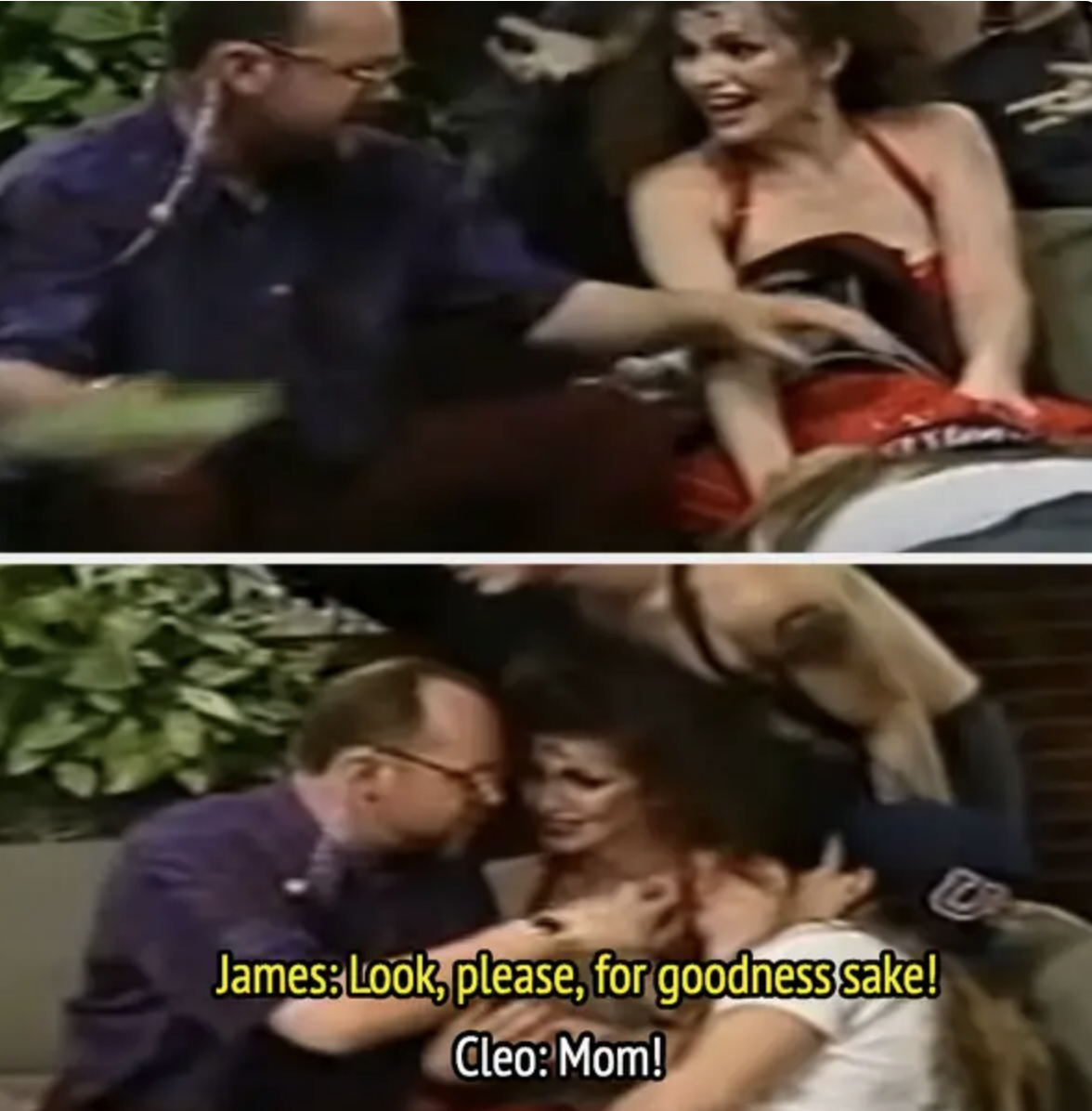 Red Hot Chili Peppers bothering Cleo Rocos, with the text &quot;James: Look, please, for goodness sake!&quot; and &quot;Cleo: Mom!&quot;