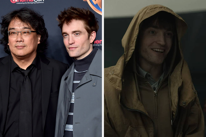 Bong Joon-ho and Robert Pattinson on a red carpet in formal wear; split image with Willem Dafoe in a hooded jacket