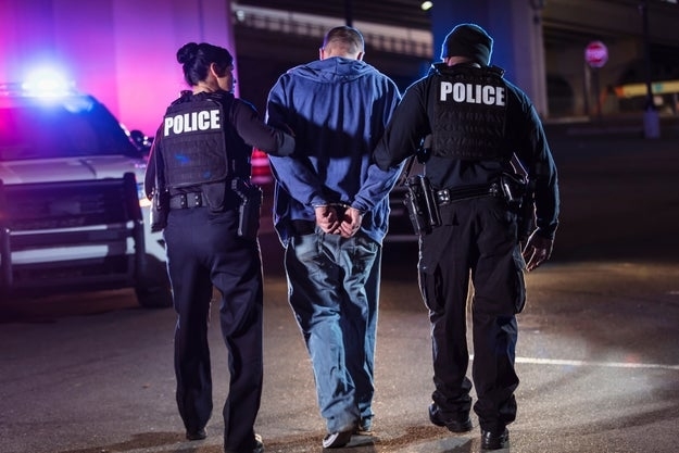 Two police officers escort a handcuffed man at night near a police vehicle with flashing lights