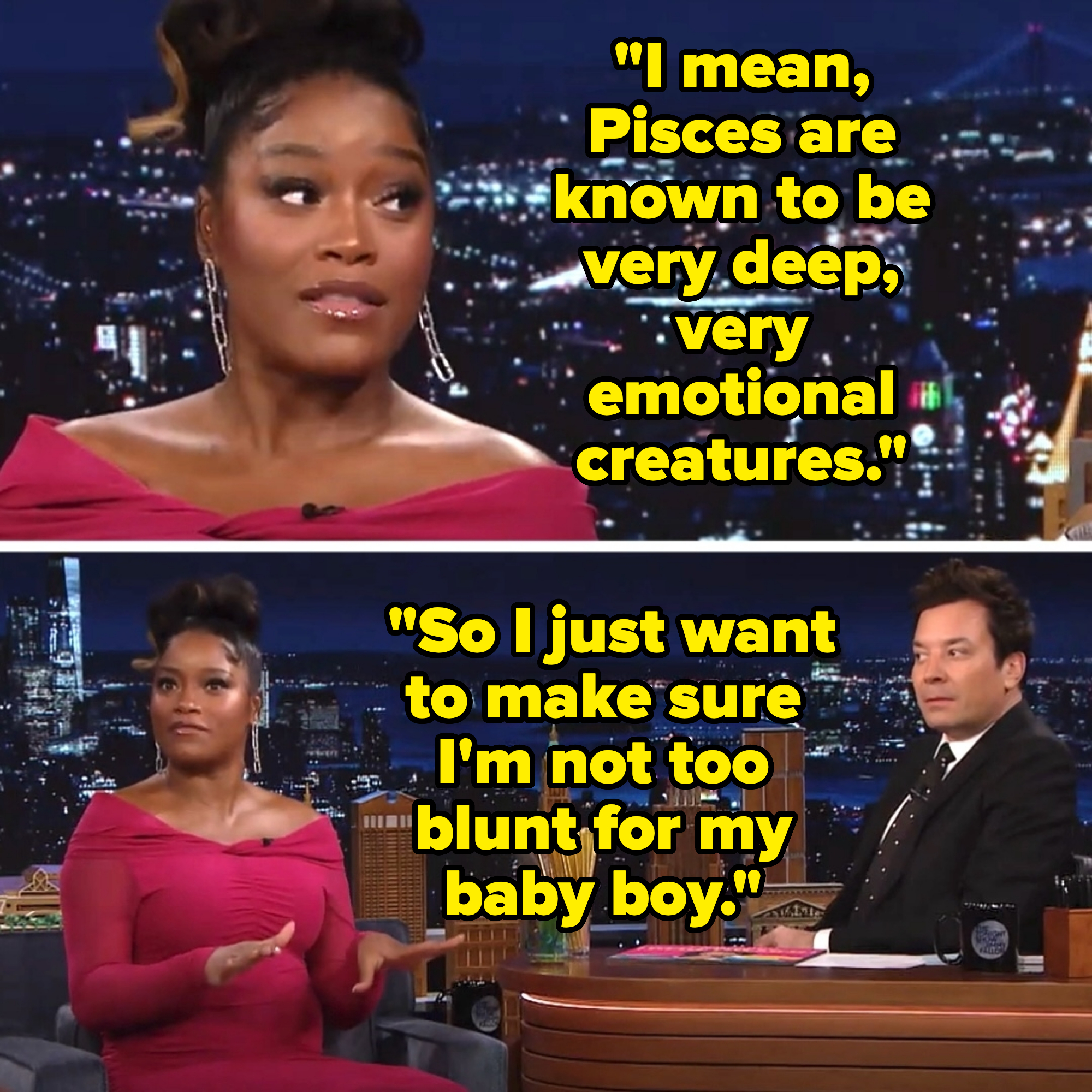 Keke Palmer on The Tonight Show Starring Jimmy Fallon, wearing an off-shoulder dress, chatting with host Jimmy Fallon