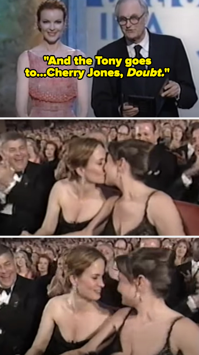Cherry Jones wins the Tony Award for "Doubt." Top: Presenter, Cherry Jones. Bottom: Jones kisses Sarah Paulson. Audience claps and cheers