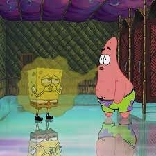 SpongeBob SquarePants awkwardly stands next to Patrick Star, emitting a foul odor while Patrick looks concerned. Scene from a SpongeBob SquarePants episode