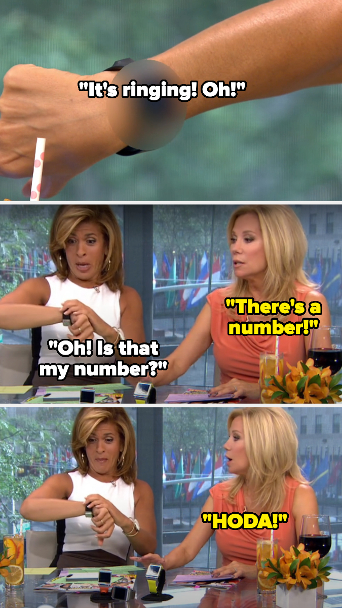 Hoda Kotb and Kelly Ripa visibly surprised and curious, looking at a smartwatch on Hoda's wrist, reacting humorously to a displayed phone number
