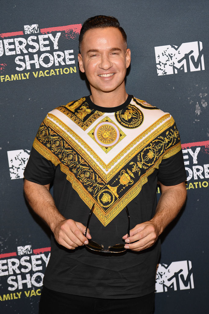 Mike "The Situation" Sorrentino at the MTV Jersey Shore Family Vacation event, wearing a black shirt with intricate gold and white patterns