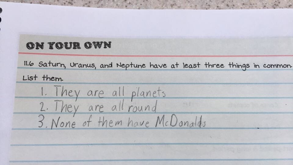 Worksheet prompt: List three commonalities between Saturn, Uranus, and Neptune. Answers: 1. All are planets, 2. All are round, 3. None have McDonald's