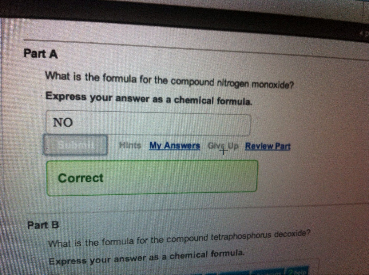 A multiple-choice question screen asking for the chemical formula of nitrogen monoxide, showing the answer "NO" labeled as correct