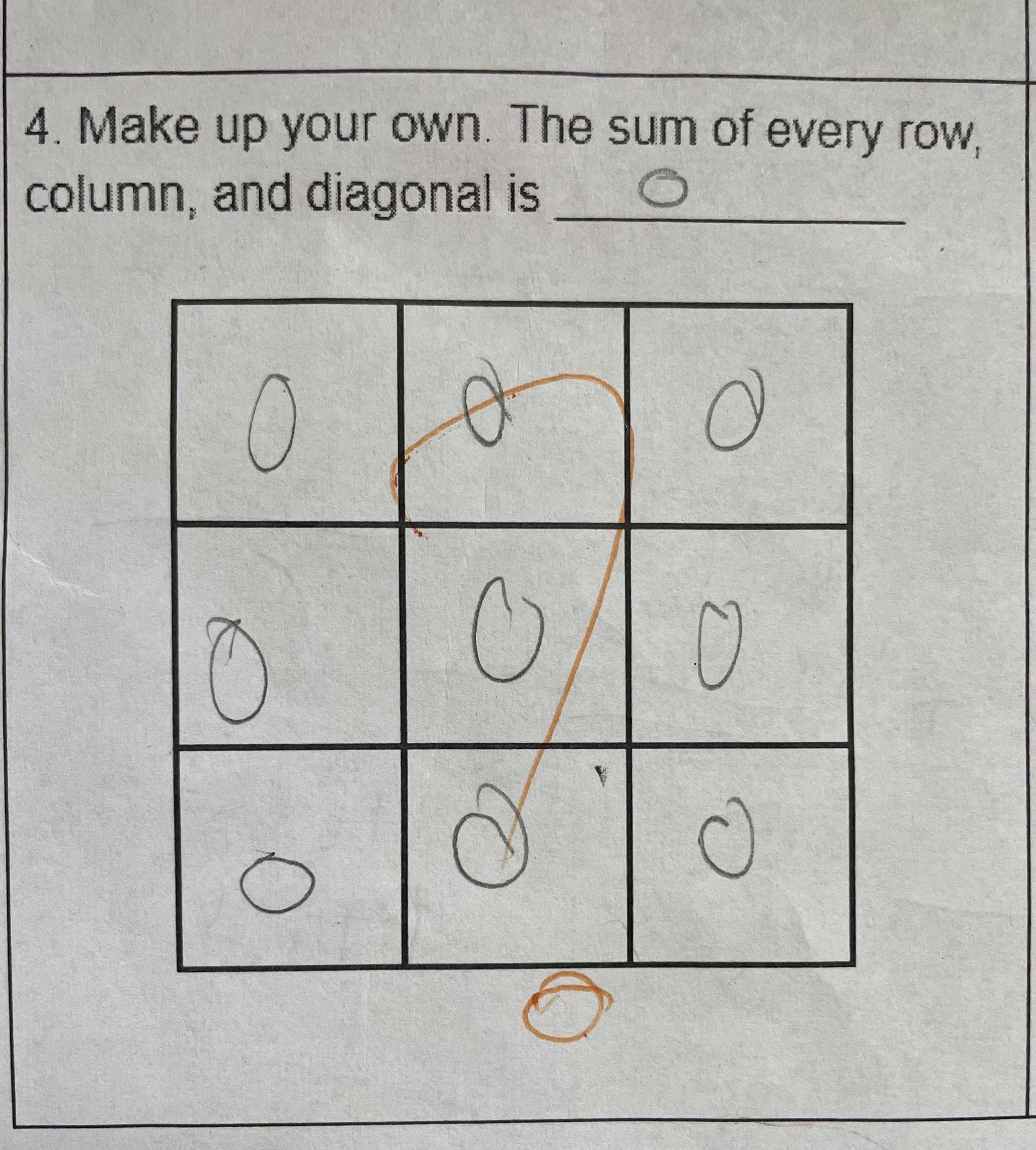 Math puzzle with 3x3 grid, numbers replaced by blank circles. Text reads, "Make up your own. The sum of every row, column, and diagonal is ________."
