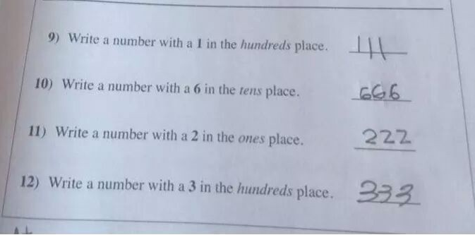 Math worksheet with problems asking to write numbers with specific digits in specific places. Answers provided are 111, 666, 222, and 333