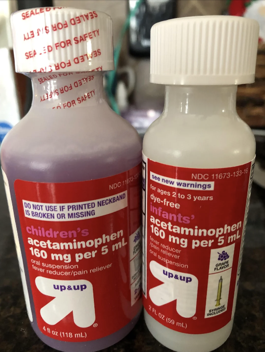 Two bottles of Up &amp;amp; Up brand acetaminophen. Left: Children's acetaminophen, 160 mg per 5 mL. Right: Infants' acetaminophen, 160 mg per 5 mL