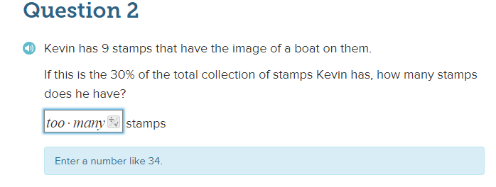 Question 2 text asks for the total number of stamps Kevin has, given 9 stamps with boat images are 30% of the total collection. Answer provided is "too many."
