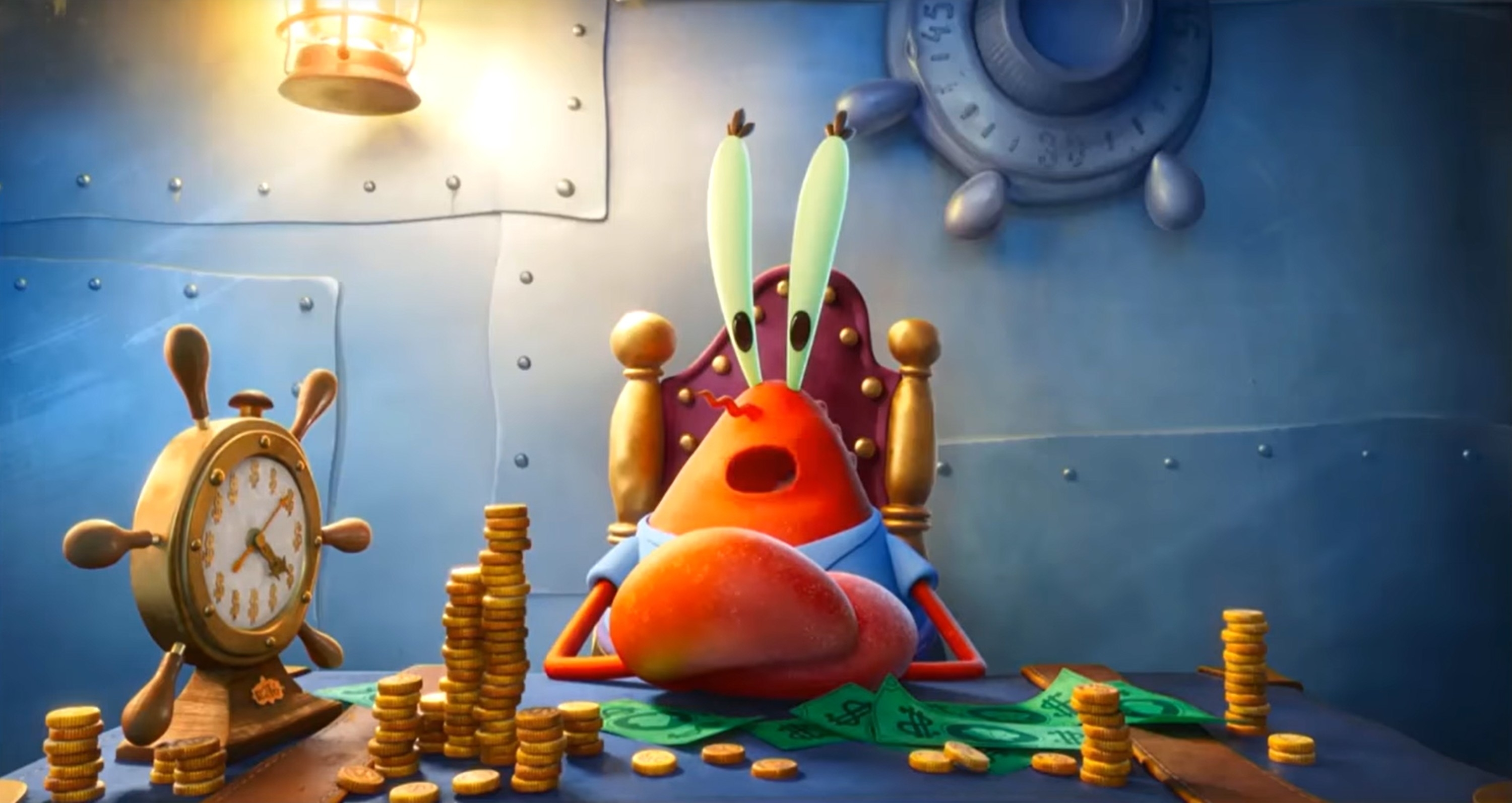 Mr. Krabs from SpongeBob SquarePants sits with mounds of gold coins on a table, looking surprised