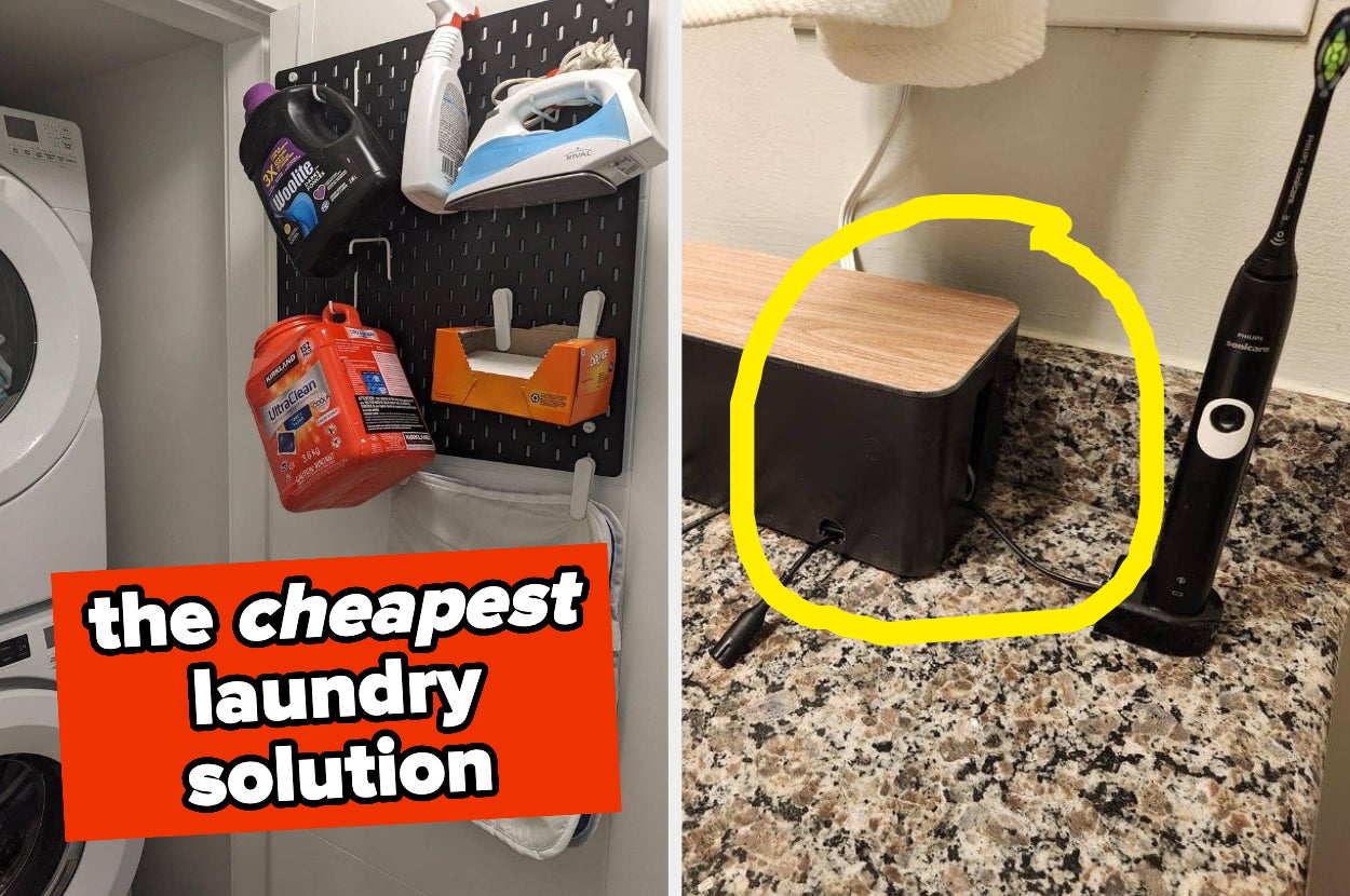 A tidy laundry nook with detergent and cleaning supplies organized on a pegboard, alongside a kitchen counter with a labeled circle around a charging toothbrush. The text reads, "the cheapest laundry solution."