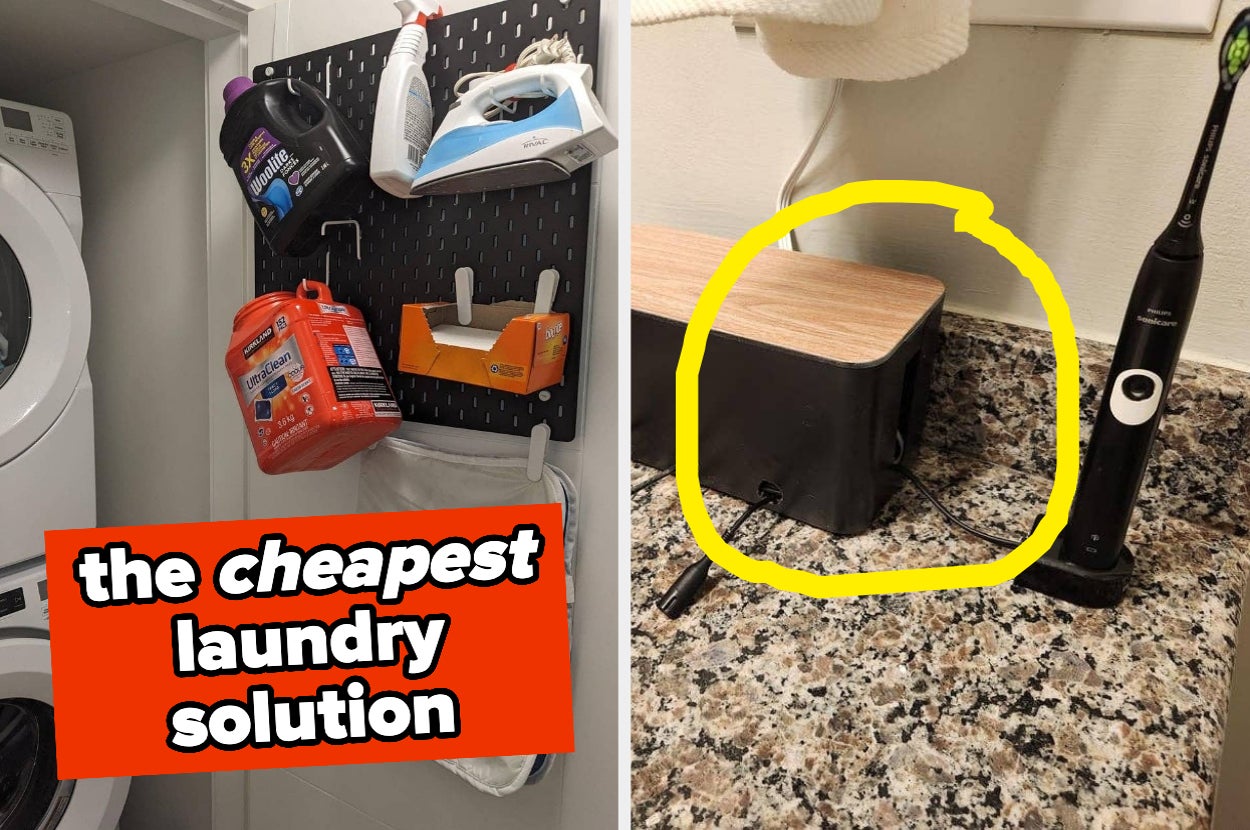 A tidy laundry nook with detergent and cleaning supplies organized on a pegboard, alongside a kitchen counter with a labeled circle around a charging toothbrush. The text reads, "the cheapest laundry solution."