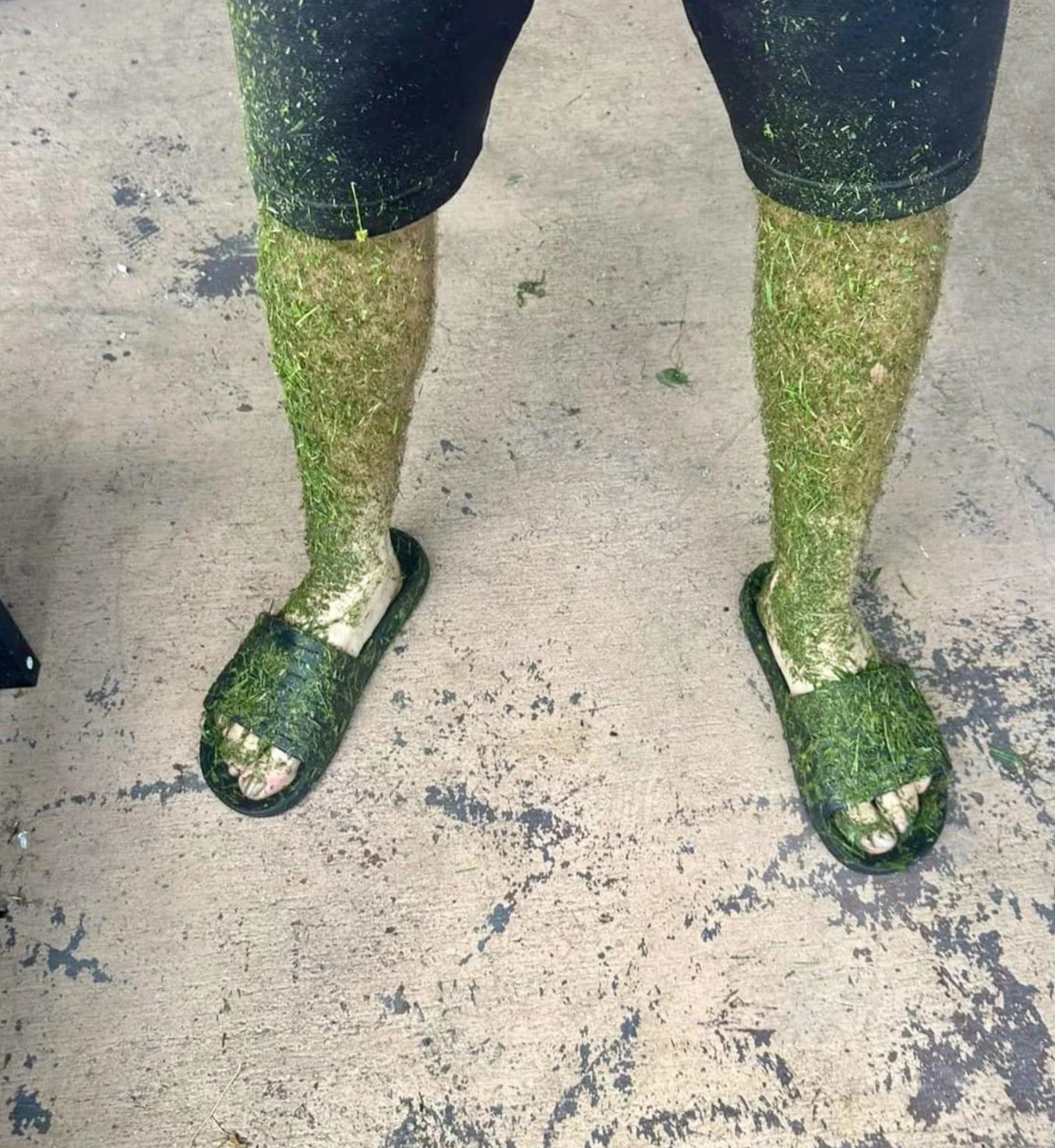 A person stands with legs and slippers covered in grass clippings