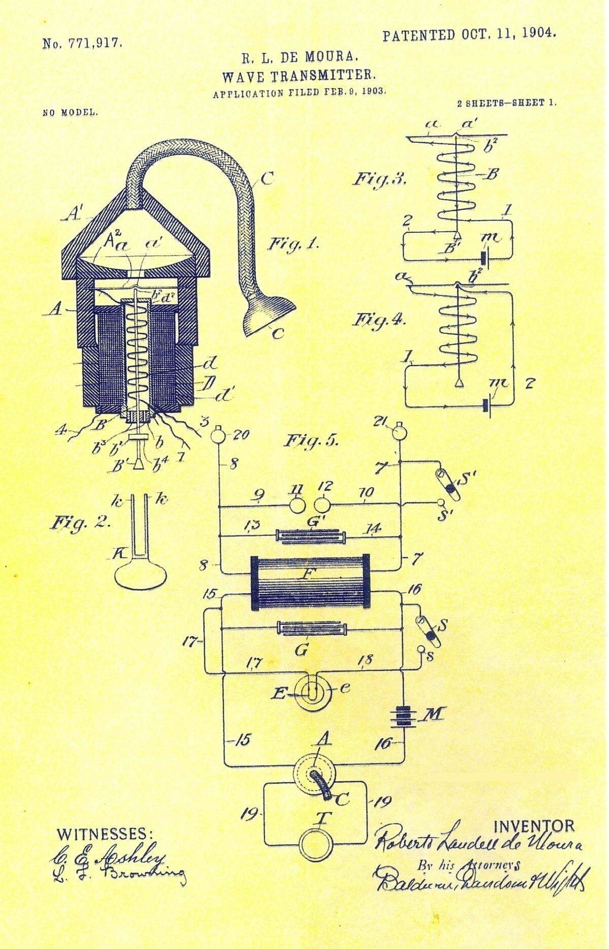Patent illustration of R.L. de Moura's wave transmitter, patent number 777,917, filed Feb 19, 1903, and granted Oct 11, 1904