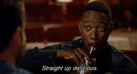 Lamorne Morris sipping a drink with the caption, Straight up delicious