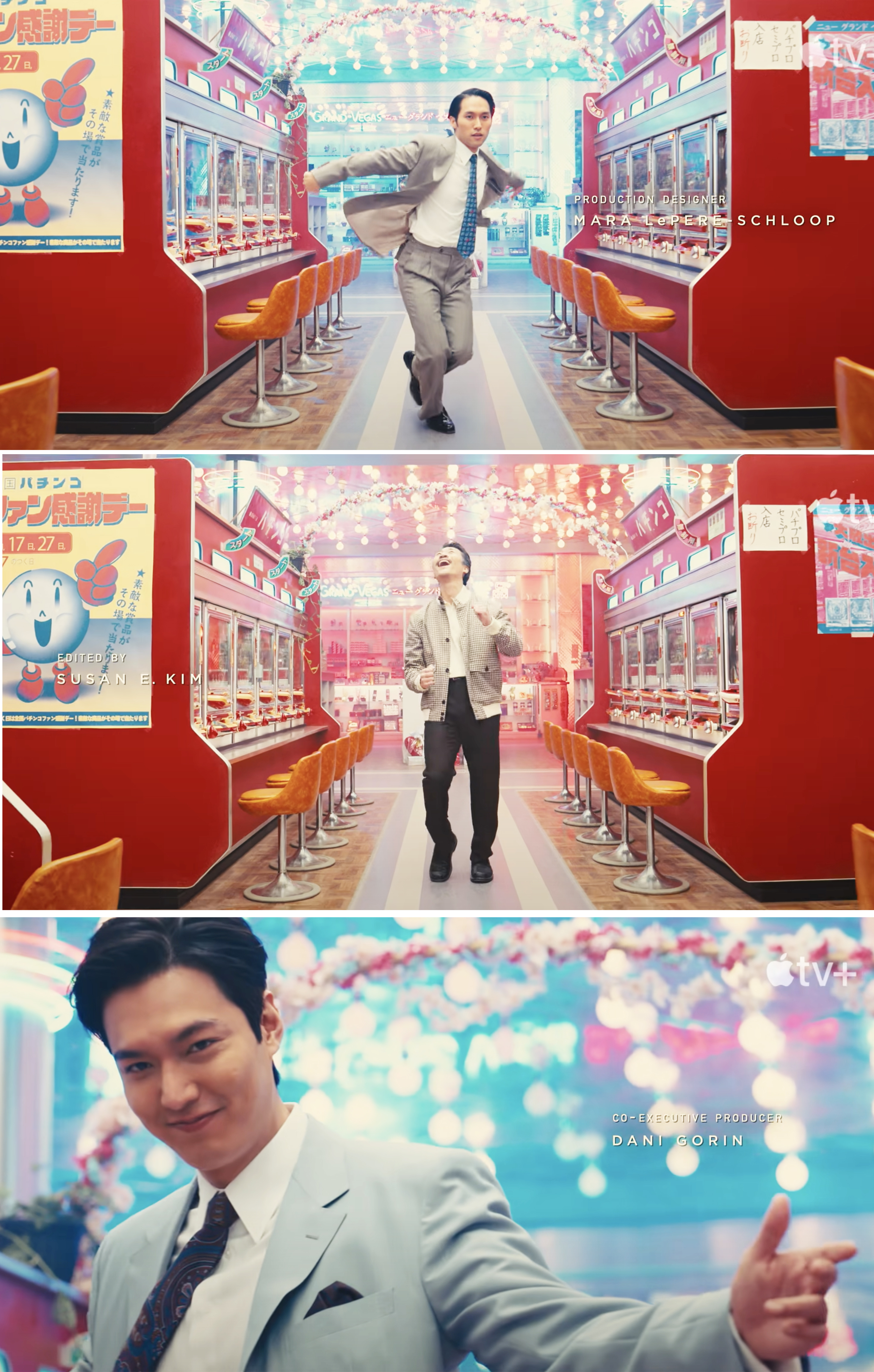 Lee Min-ho joyfully dances in a vibrant, arcade-themed setting in scenes from the TV series "Pachinko." The image text credits Korsh Ariane Schloop, Kugla Kim, and Dan Torin