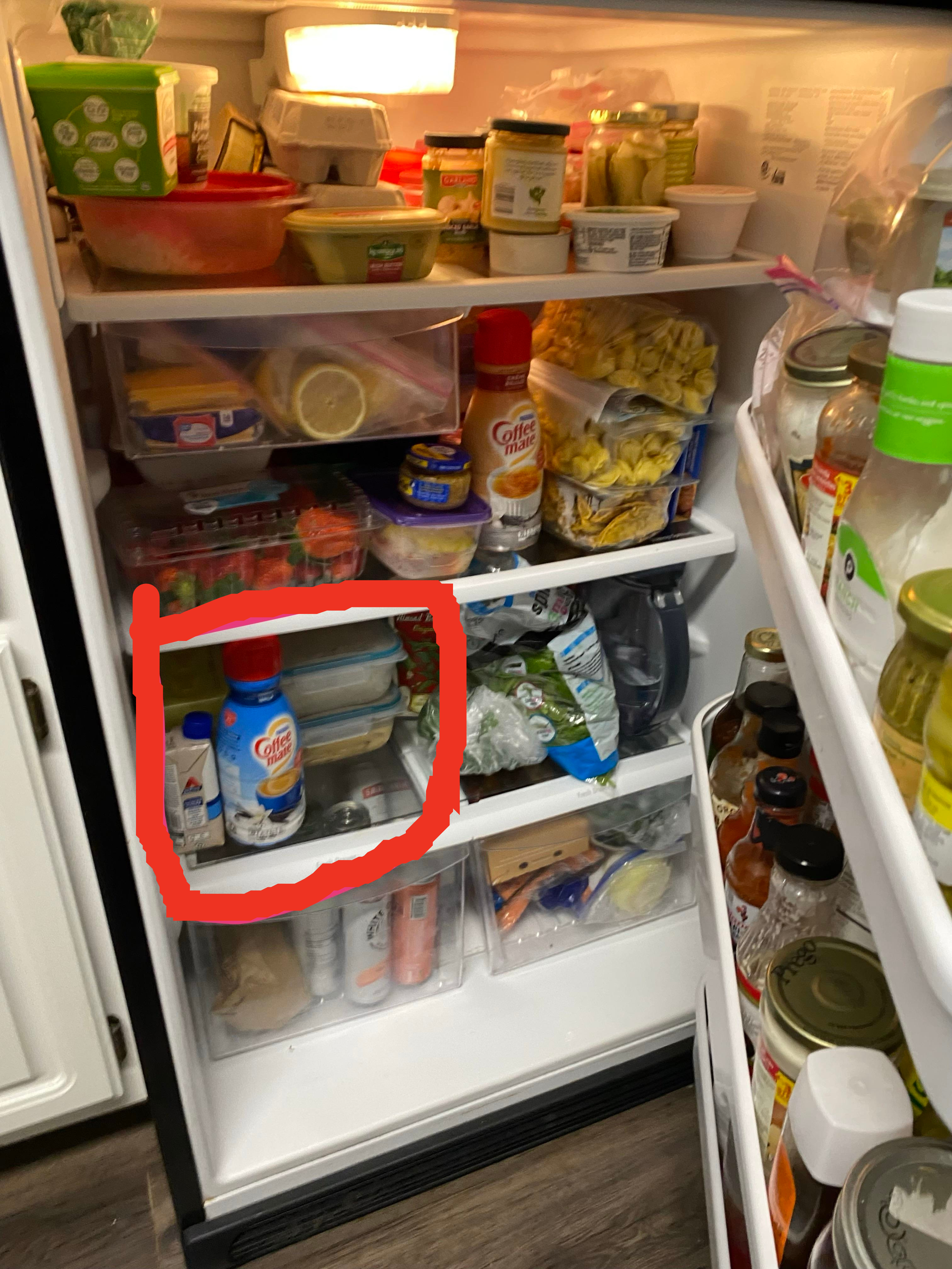 An open refrigerator filled with various food items, drinks, and containers. A bottle of Coffee Mate creamer is highlighted with a pink circle