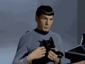 Leonard Nimoy as Spock gently holds a black cat on the set of "Star Trek"