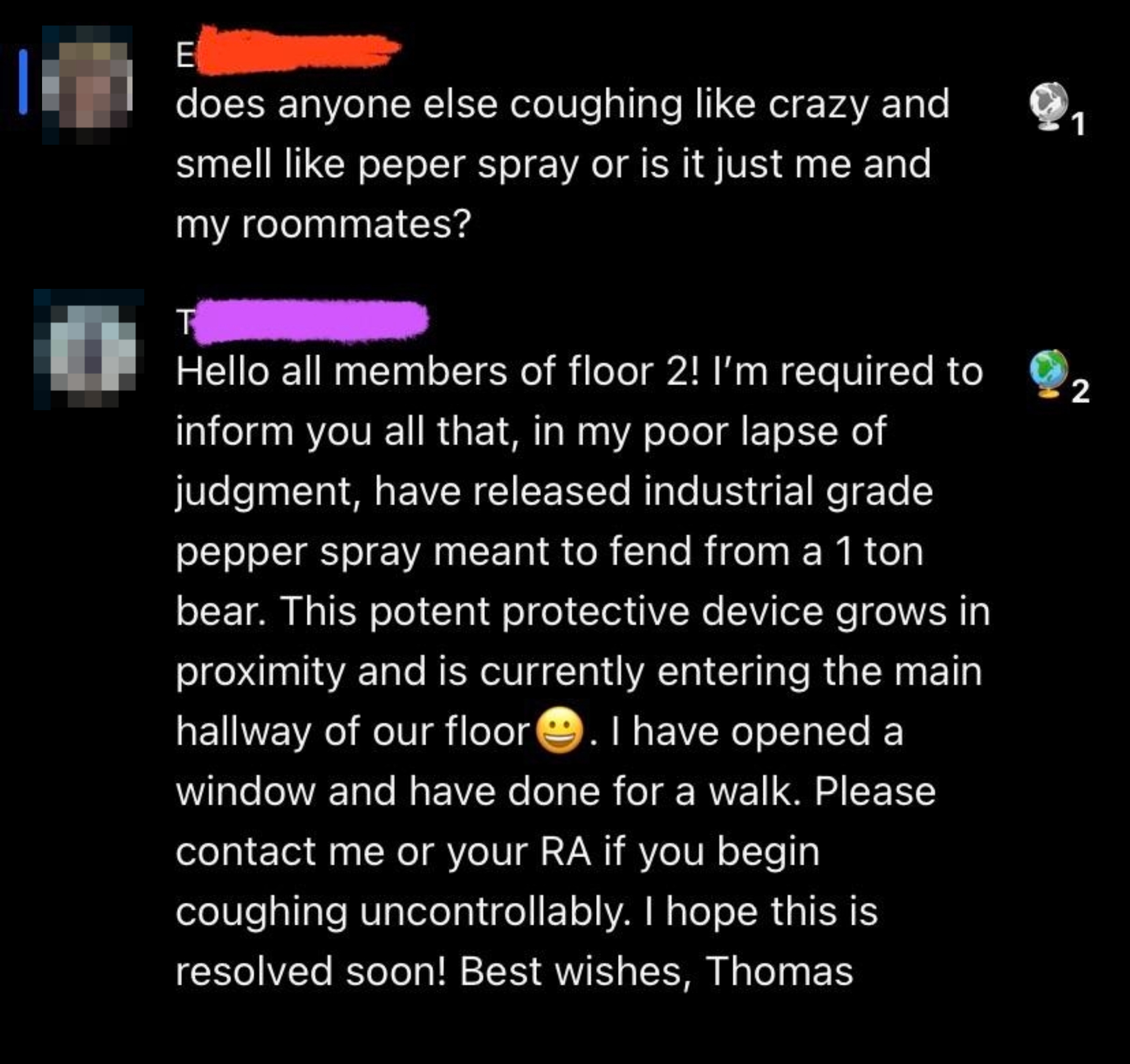 Two social media posts: 1. E asks if anyone's coughing like from pepper spray. 2. Thomas admits to releasing industrial-grade pepper spray in their hallway