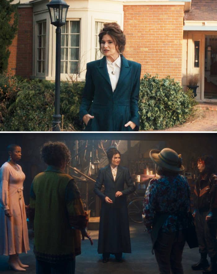 Kathryn Hahn in two scenes from a TV show. Top: Standing outdoors in Victorian-style attire. Bottom: Indoors, addressing a group of diverse individuals dressed in period costumes