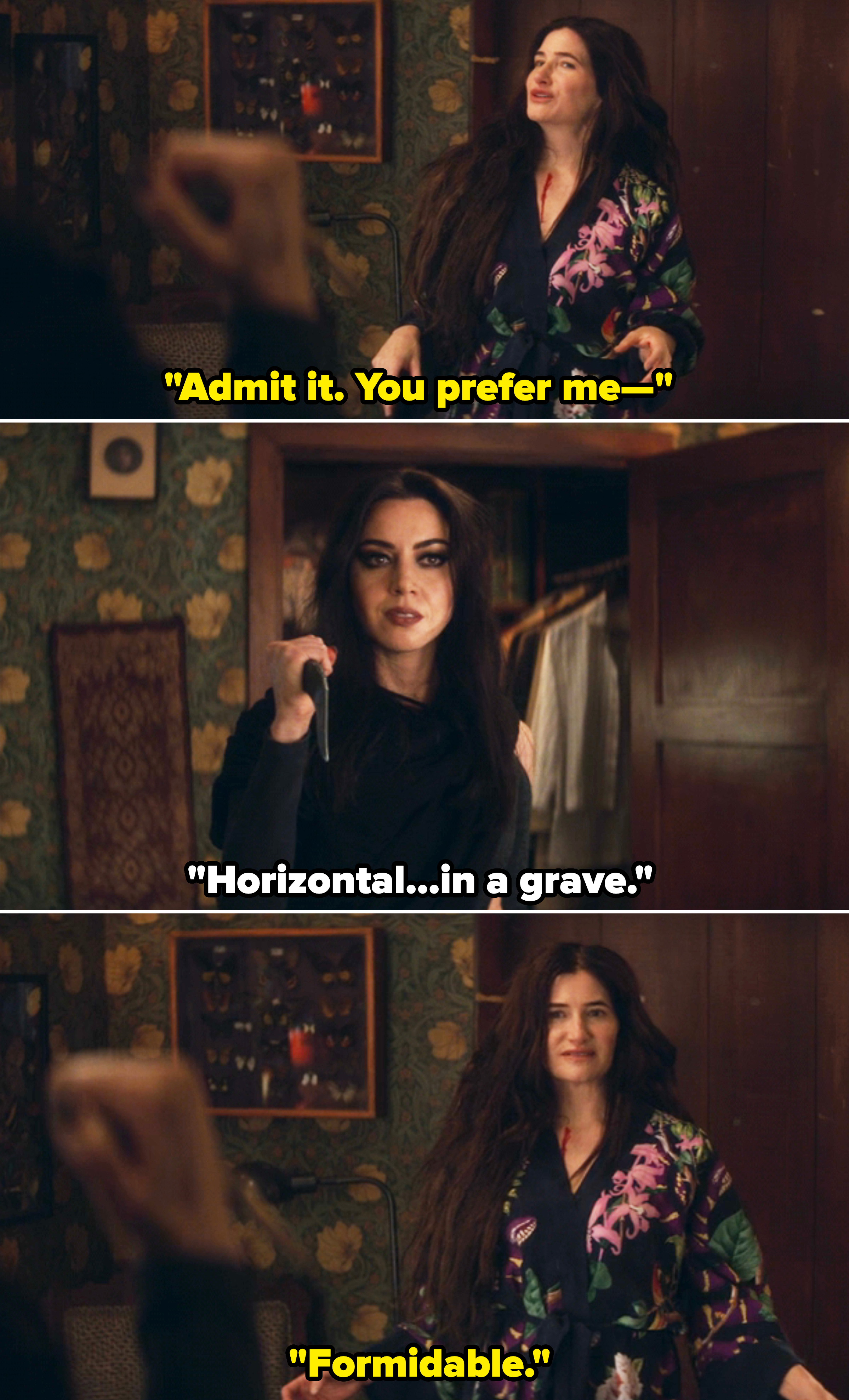 Kathryn Hahn and Aubrey Plaza in a three-panel scene from a TV show. Hahn wears a floral robe, and Plaza holds a knife, looking intense. Hahn smiles in the last panel