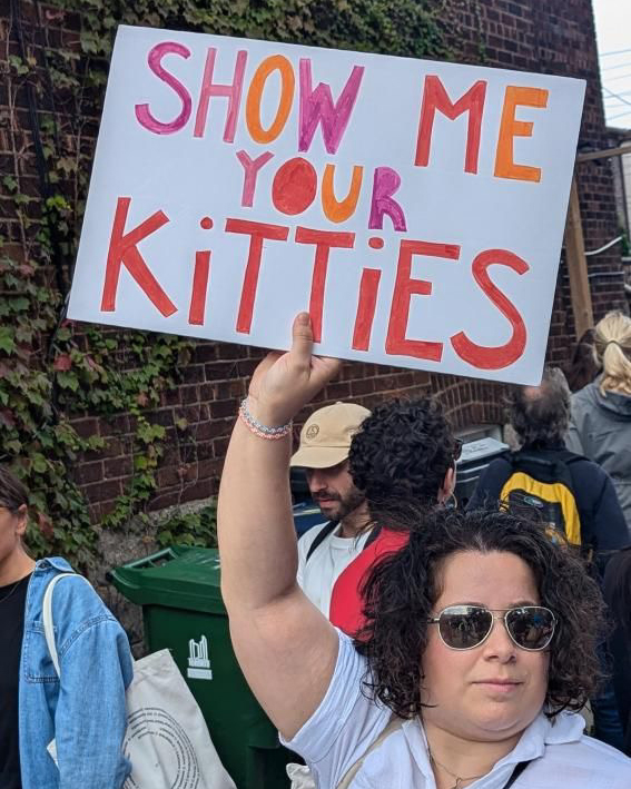 Person holding a sign that reads "SHOW ME YOUR KITTIES" at an outdoor event. Other individuals are visible in the background
