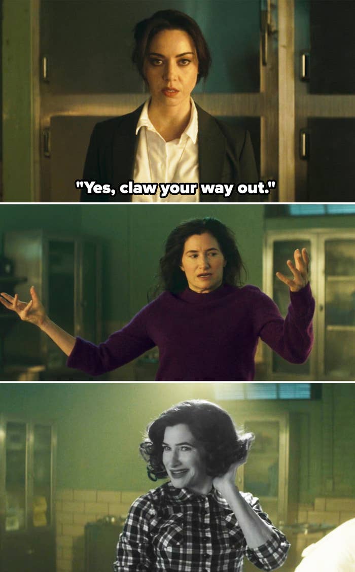 Aubrey Plaza in a suit, Kathryn Hahn in a sweater gesturing with her hands, and Kathryn Hahn in black-and-white clothing smiling