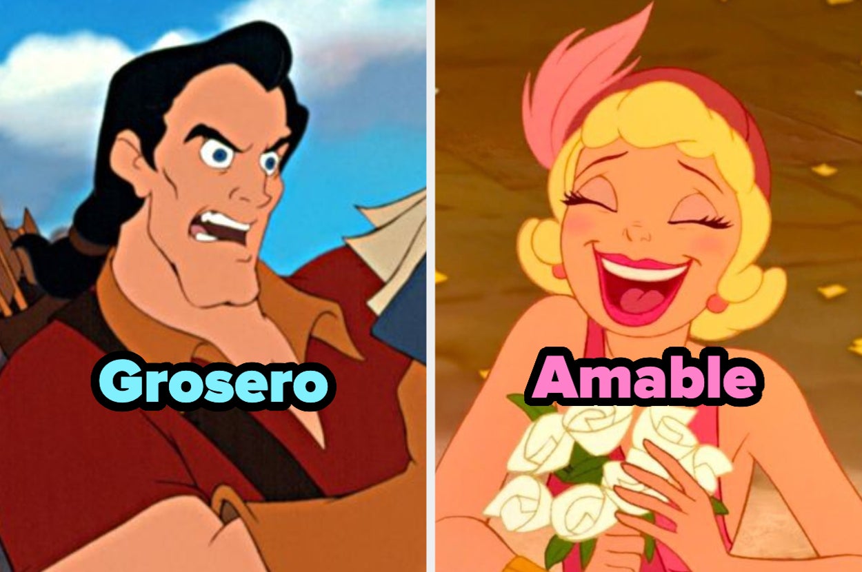 Gaston de "La Bella y la Bestia" con expresión de enojo (Grosero). Charlotte La Bouff de "La Princesa y el Sapo" sonriendo con un ramo de flores blancas (Amable)