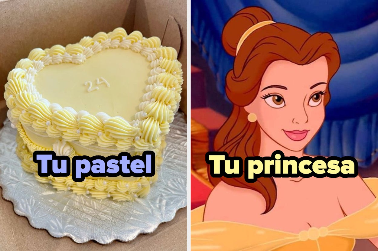 Pastel en forma de corazón con el número 24 junto a una imagen de la princesa Bella de "La Bella y la Bestia". Texto: "Tu pastel" y "Tu princesa"