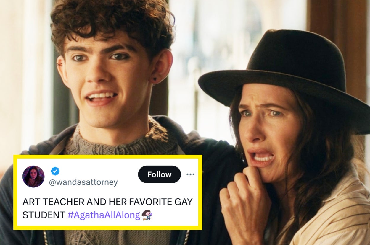 Joe Locke and Kathryn Hahn in a scene from "Agatha All Along." Embedded tweet by @wandasattorney says: "ART TEACHER AND HER FAVORITE GAY STUDENT #AgathaAllAlong" with an emoji