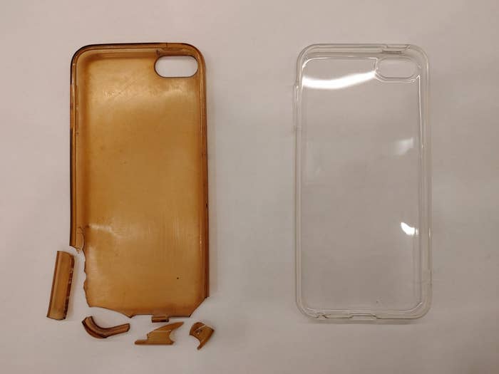Two phone cases are shown: one is broken and discolored, while the other is clear and intact