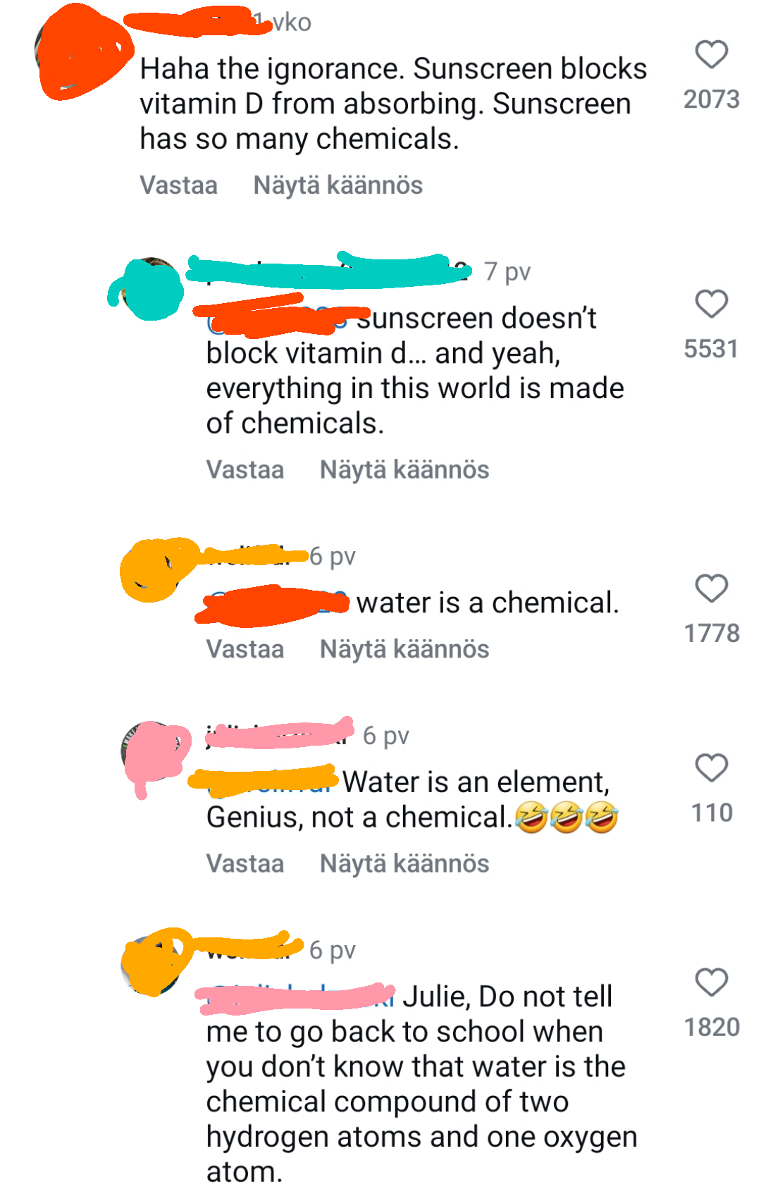 An exchange on social media about sunscreen and chemicals, with users debating whether sunscreen blocks vitamin D and if water is a chemical