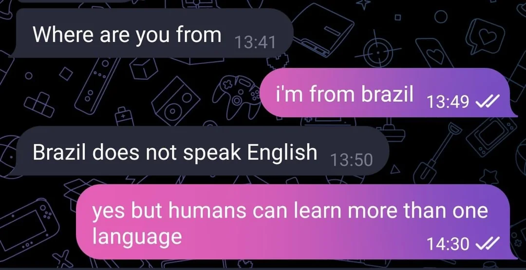 Chat exchange about language ability: One person asks where the other is from. The other replies Brazil. A third message claims Brazil does not speak English. The response states humans can learn multiple languages