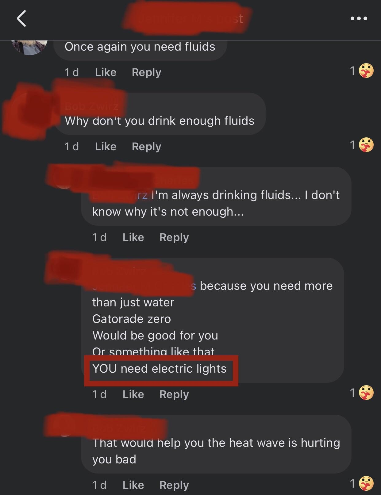 Facebook comment thread with several responses redacted in red. A highlighted comment reads, &quot;YOU need electric lights.&quot;