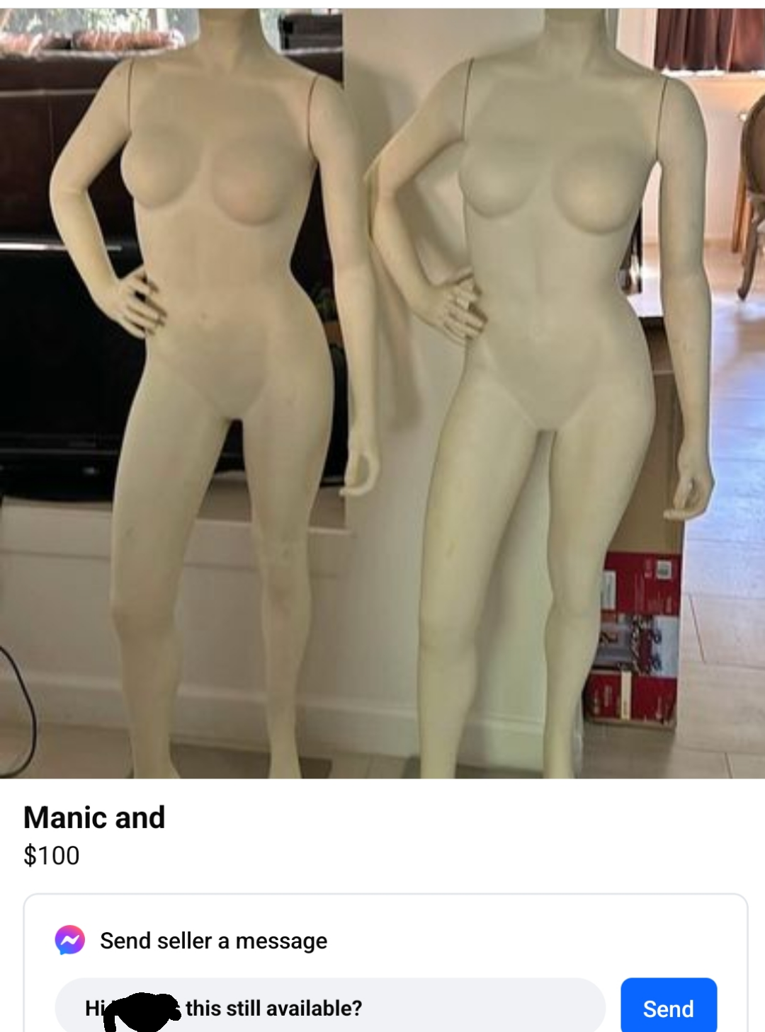 Two nude female mannequins, one slightly farther back than the other, listed for sale at $100. Text box with a message asking if they&#x27;re still available