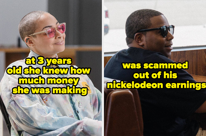 Raven-Symoné smiling, wearing glasses and a patterned jacket; Kenan Thompson sitting, wearing sunglasses and a dark shirt. Text: "at 3 years old she knew how much money she was making" and "was scammed out of his Nickelodeon earnings."