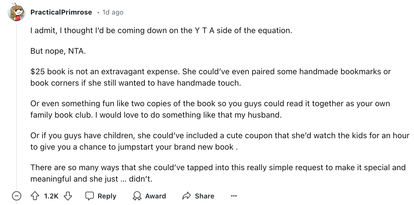 Screenshot of a Reddit comment by user PracticalPrimrose expressing disagreement with another user about a $25 book being an extravagant expense