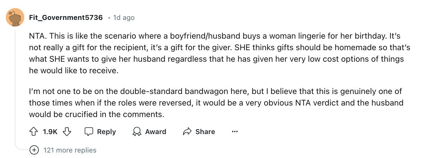Reddit comment by Fit_Government5736 stating the poster is not the antagonist and discussing the scenario of a boyfriend/husband buying gifts for a woman
