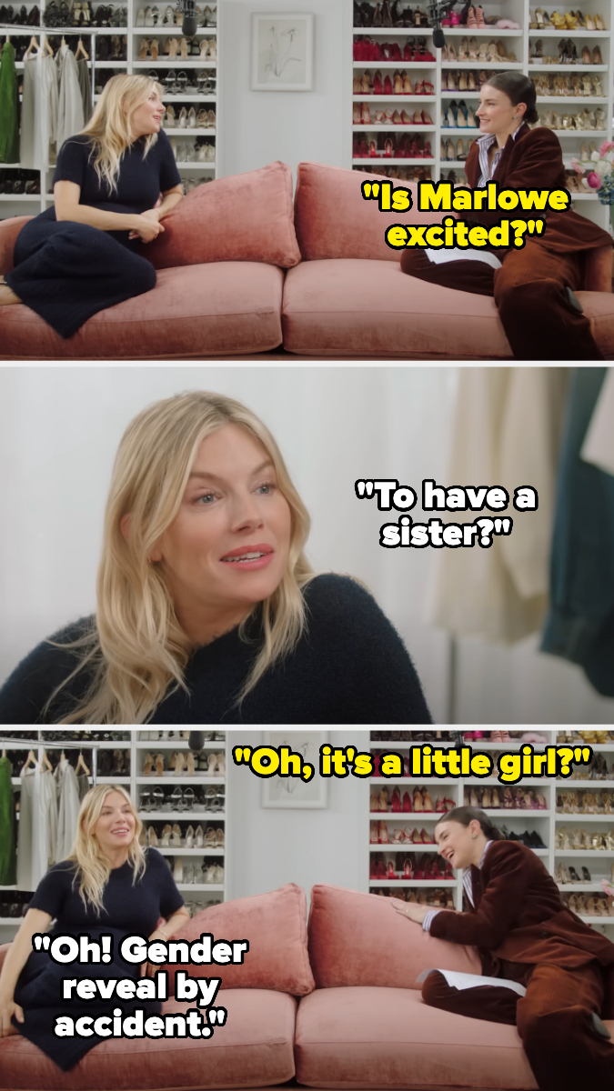 Sienna Miller and journalist Rebecca Ford sit in a closet discussing Miller's pregnancy. Ford accidentally reveals Miller is expecting a girl