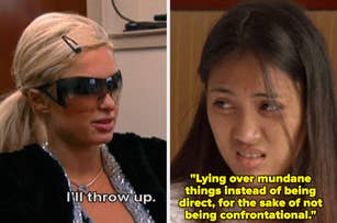 Left: Paris Hilton in sunglasses and black top saying "I'll throw up." Right: A woman looking skeptical with a quote: "Lying over mundane things instead of being direct, for the sake of not being confrontational."