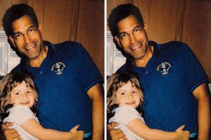 A man wearing glasses and a blue shirt with an emblem hugs a smiling young girl with shoulder-length brown hair, both looking at the camera