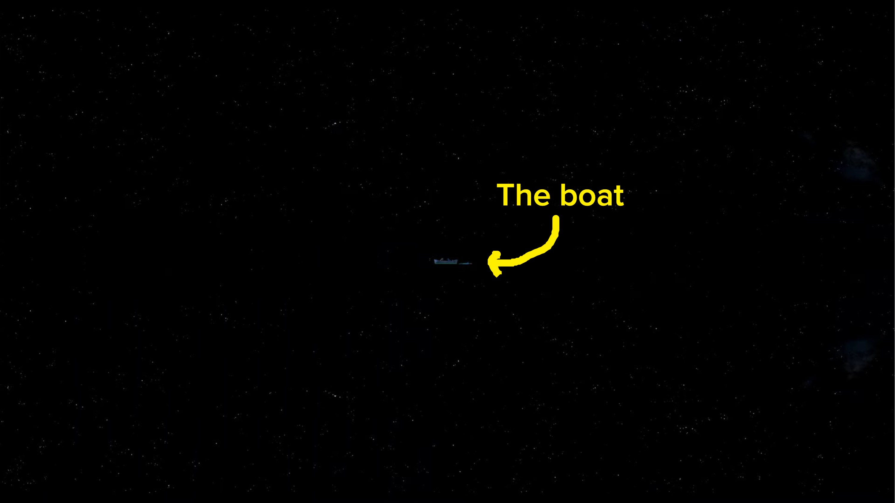 A black background with a small blue dot labeled "The boat" by an arrow pointing to it