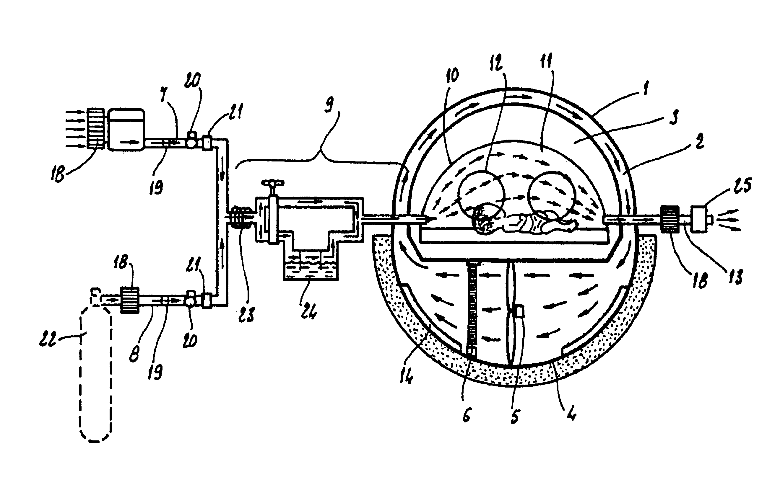 Patent diagram drawing shows various mechanisms and parts for a NICU incubator, including the bubble in which the infant lies