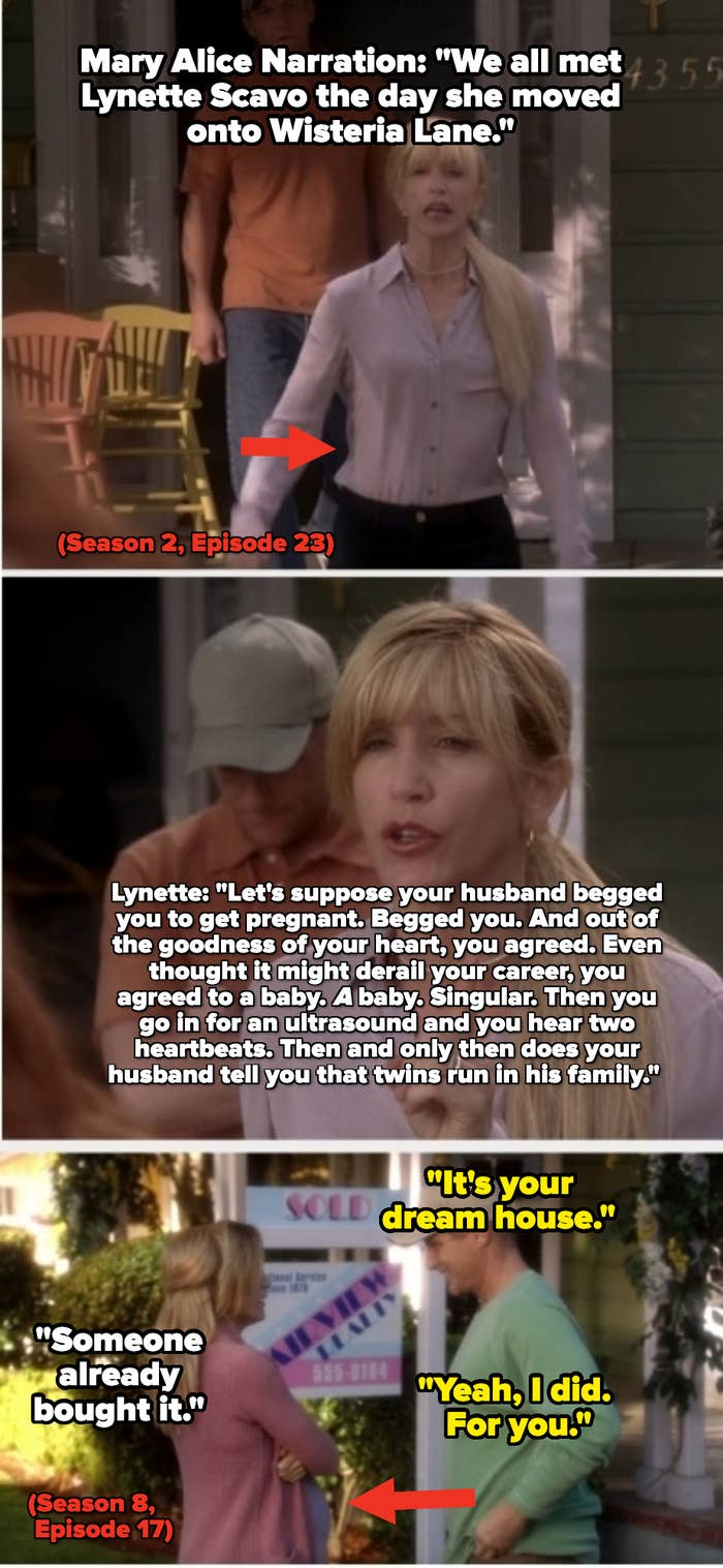 The image shows three scenes with Allison Janney and a man. In each scene, they appear to be discussing or contemplating something outdoors near a house with a 