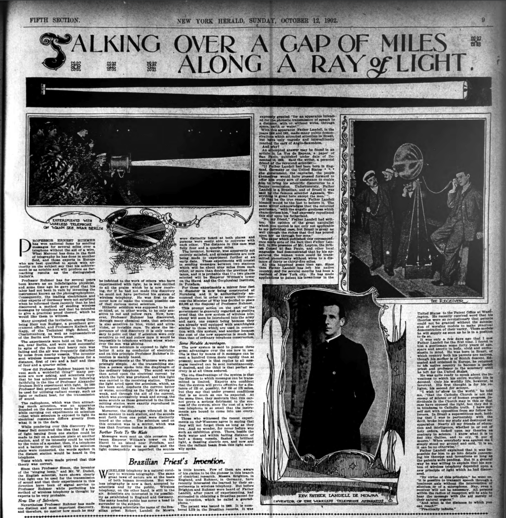 Newspaper page from the New York Herald, October 12, 1902, with articles on early 20th-century telecommunication technologies and images of devices and inventors
