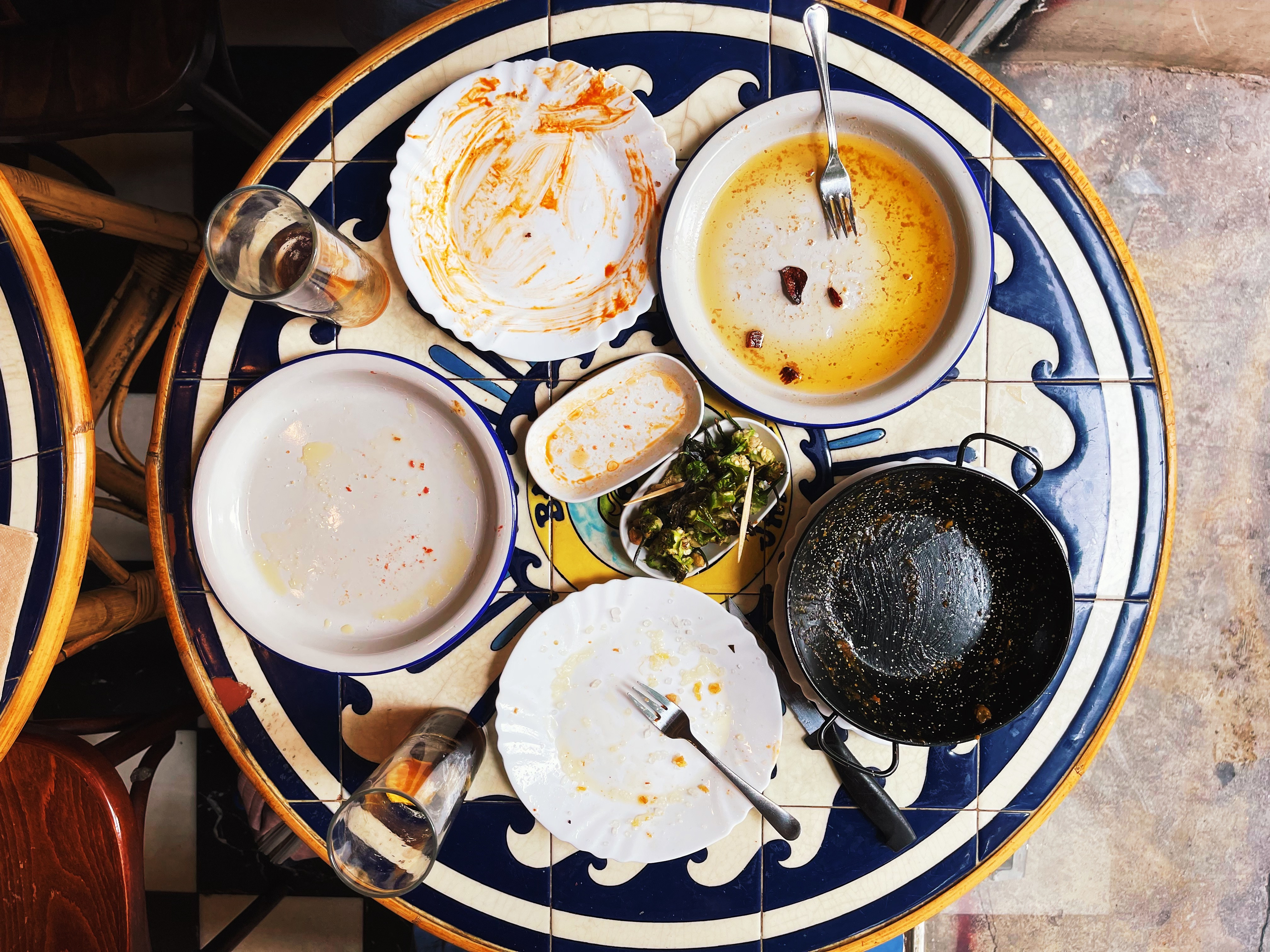 An overhead view of a table with empty and nearly empty plates with traces of finished meals, along with forks and glasses still on the table